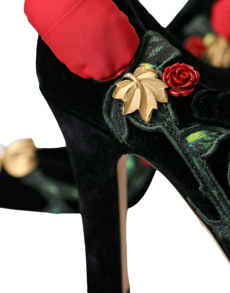 Black Roses Crystal Brooch Mary Jane Shoes Dolce & Gabbana