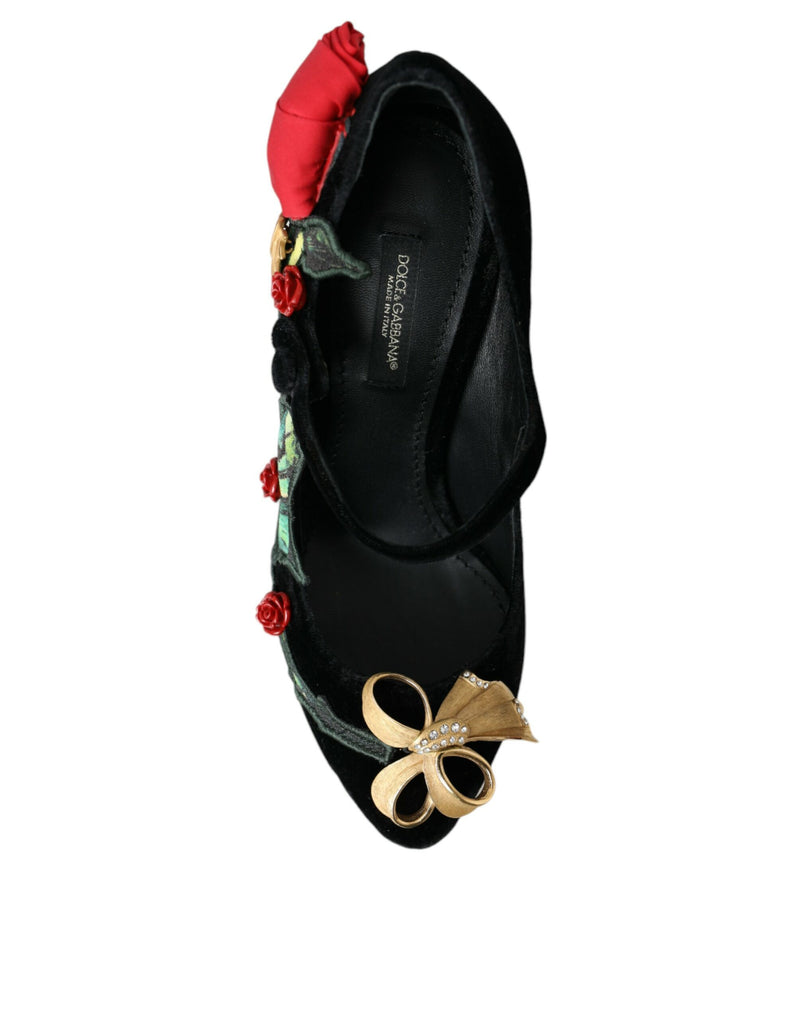 Black Roses Crystal Brooch Mary Jane Shoes Dolce & Gabbana