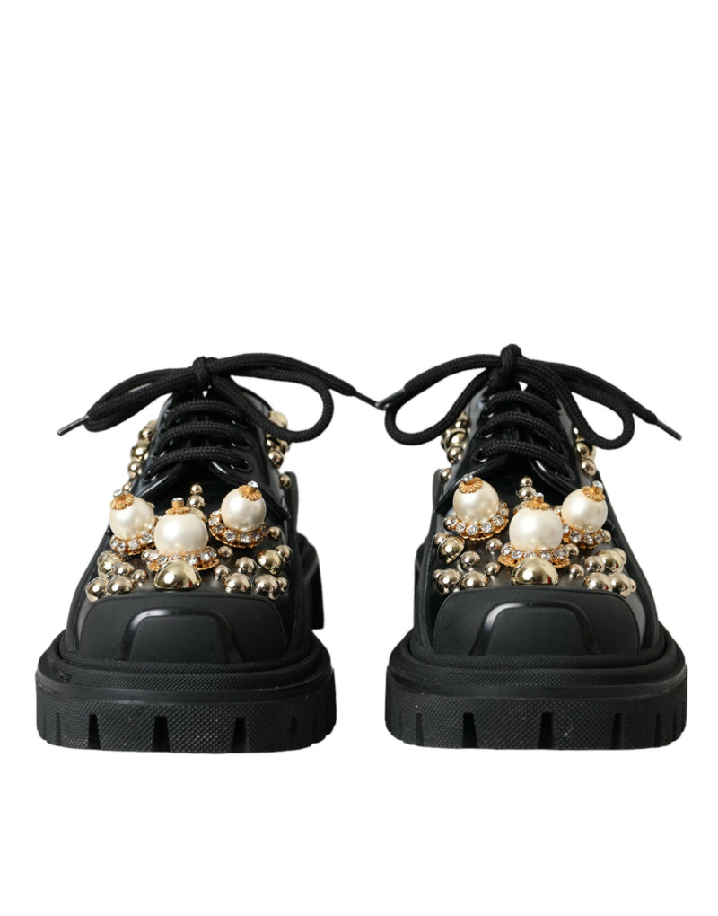 Black Leather Trekking Derby Embellished Shoes Dolce & Gabbana