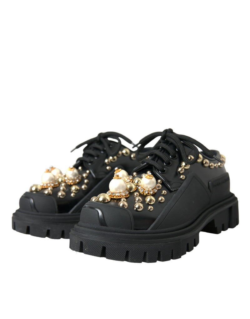 Black Leather Trekking Derby Embellished Shoes Dolce & Gabbana