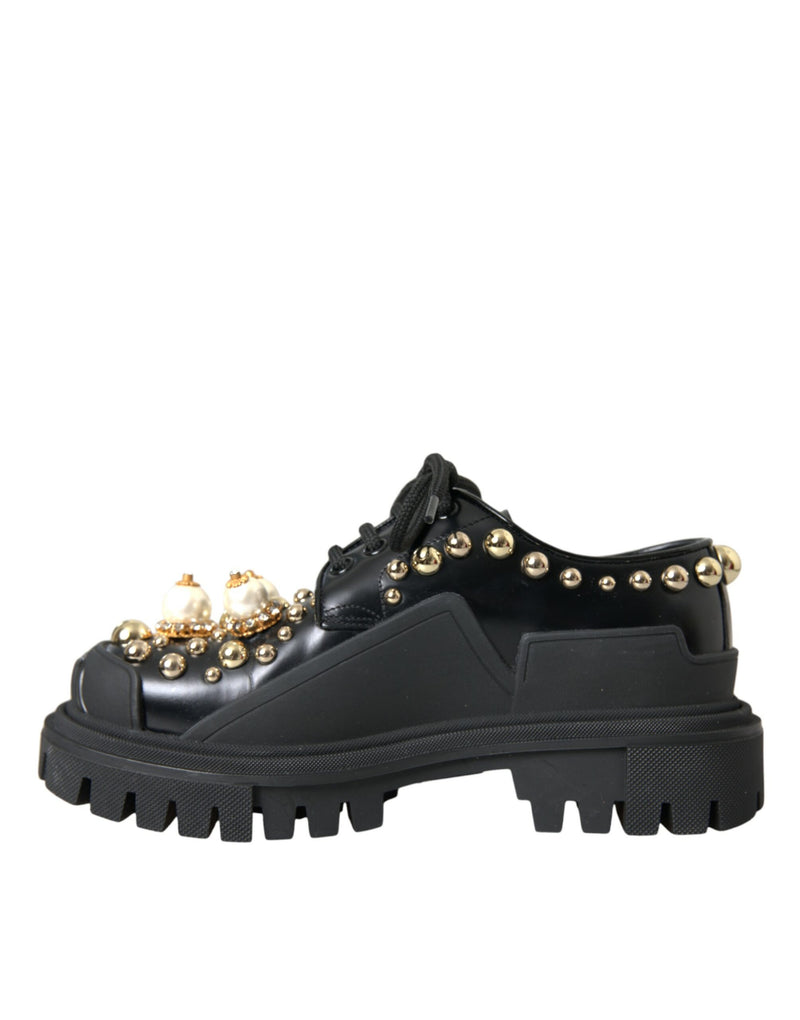 Black Leather Trekking Derby Embellished Shoes Dolce & Gabbana