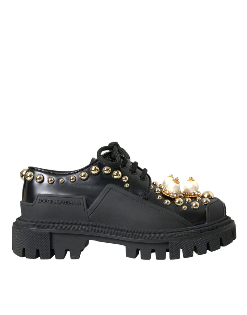 Black Leather Trekking Derby Embellished Shoes Dolce & Gabbana