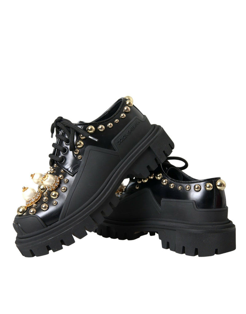 Black Leather Trekking Derby Embellished Shoes Dolce & Gabbana