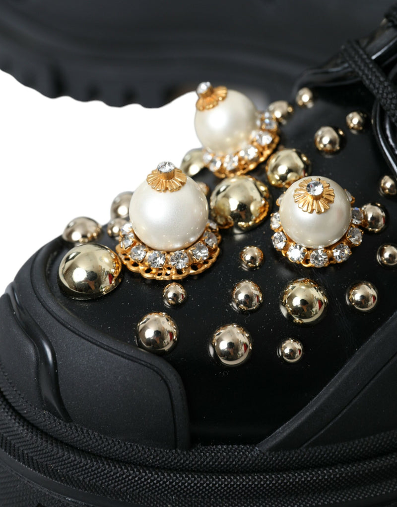 Black Leather Trekking Derby Embellished Shoes Dolce & Gabbana