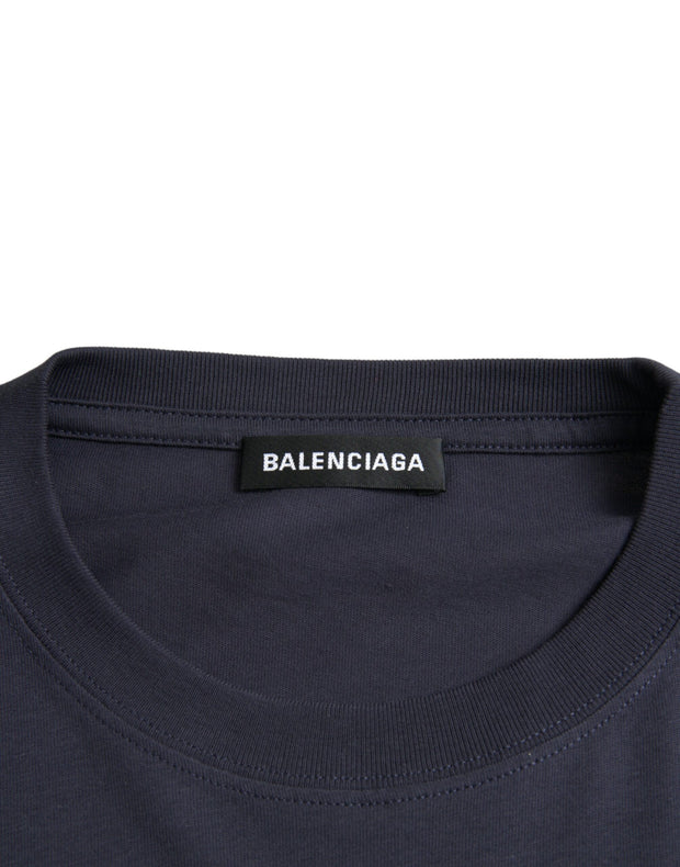 Dark Blue Cotton Logo Crew Neck Short Sleeves T-shirt Balenciaga