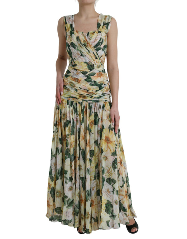 Yellow Floral Print Silk Pleated Maxi Dress Dolce & Gabbana