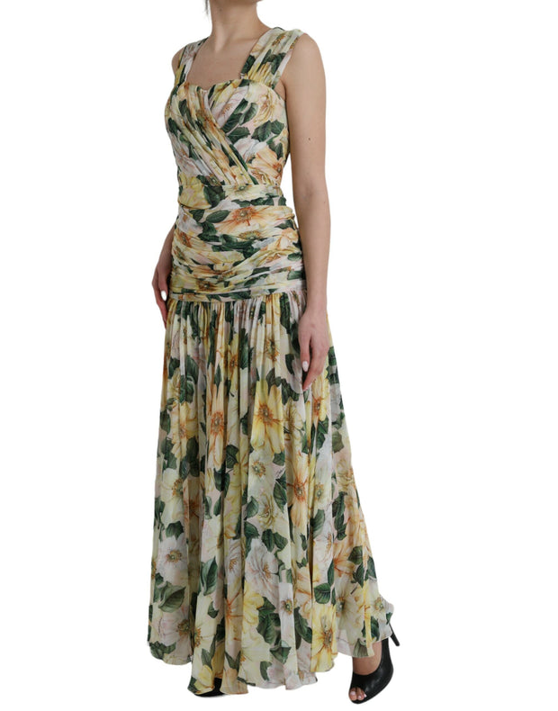 Yellow Floral Print Silk Pleated Maxi Dress Dolce & Gabbana