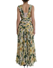 Yellow Floral Print Silk Pleated Maxi Dress Dolce & Gabbana