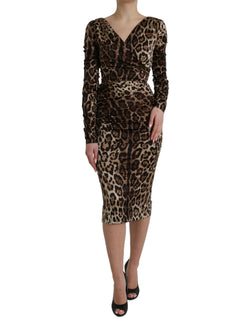 Brown Leopard Print Bodycon V-neck Midi Dress Dolce & Gabbana