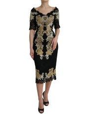 Black Floral Lace Cotton Sheath Midi Dress Dolce & Gabbana