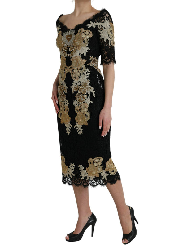 Black Floral Lace Cotton Sheath Midi Dress Dolce & Gabbana