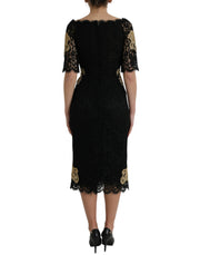 Black Floral Lace Cotton Sheath Midi Dress Dolce & Gabbana