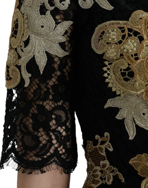 Black Floral Lace Cotton Sheath Midi Dress Dolce & Gabbana