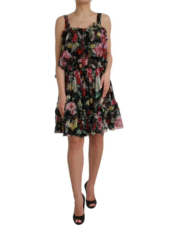 Black Floral Silk A-line Sleeveless Dress Dolce & Gabbana