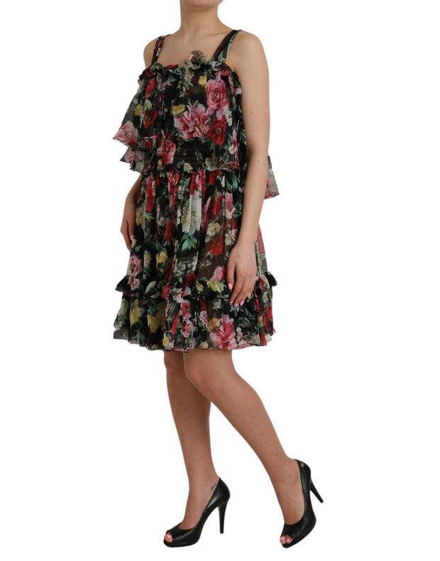 Black Floral Silk A-line Sleeveless Dress Dolce & Gabbana