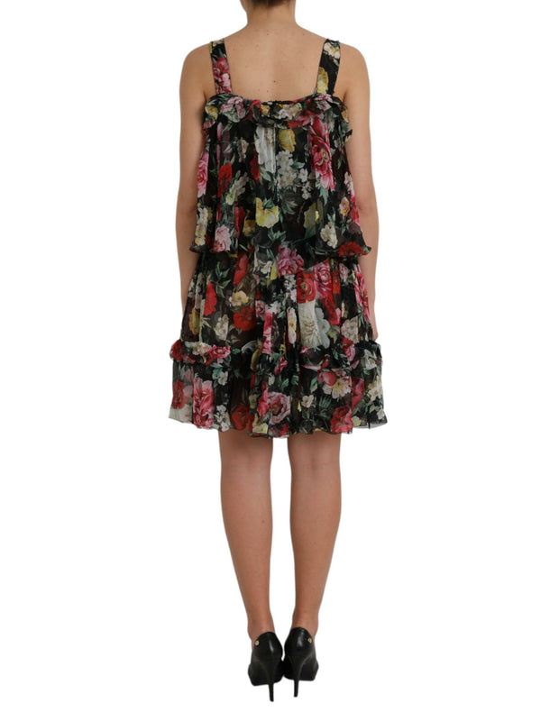 Black Floral Silk A-line Sleeveless Dress Dolce & Gabbana