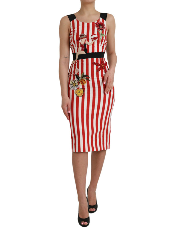 Red White Floral Sleeveless Sheath Midi Dress Dolce & Gabbana