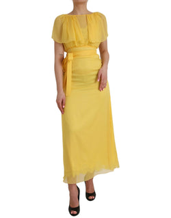 Yellow Silk Sheath Belted Long Maxi Dress Dolce & Gabbana