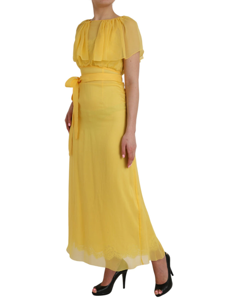 Yellow Silk Sheath Belted Long Maxi Dress Dolce & Gabbana