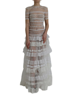 White Nylon Sheer Tiered Lace Maxi Dress Dolce & Gabbana