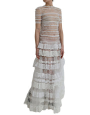 White Nylon Sheer Tiered Lace Maxi Dress Dolce & Gabbana