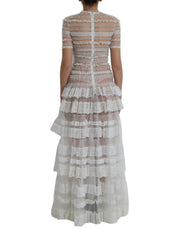 White Nylon Sheer Tiered Lace Maxi Dress Dolce & Gabbana