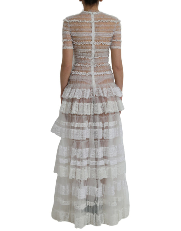 White Nylon Sheer Tiered Lace Maxi Dress Dolce & Gabbana