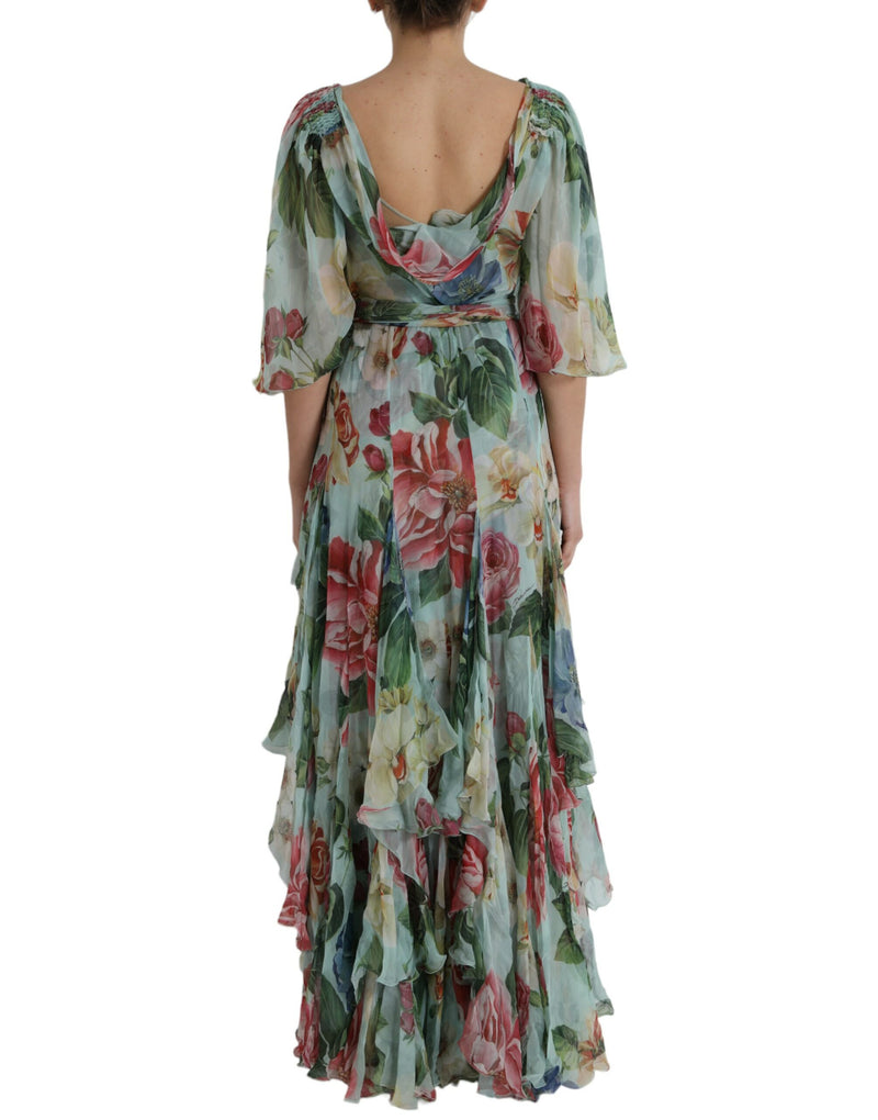 Blue Floral Print Tiered Long Maxi Dress Dolce & Gabbana