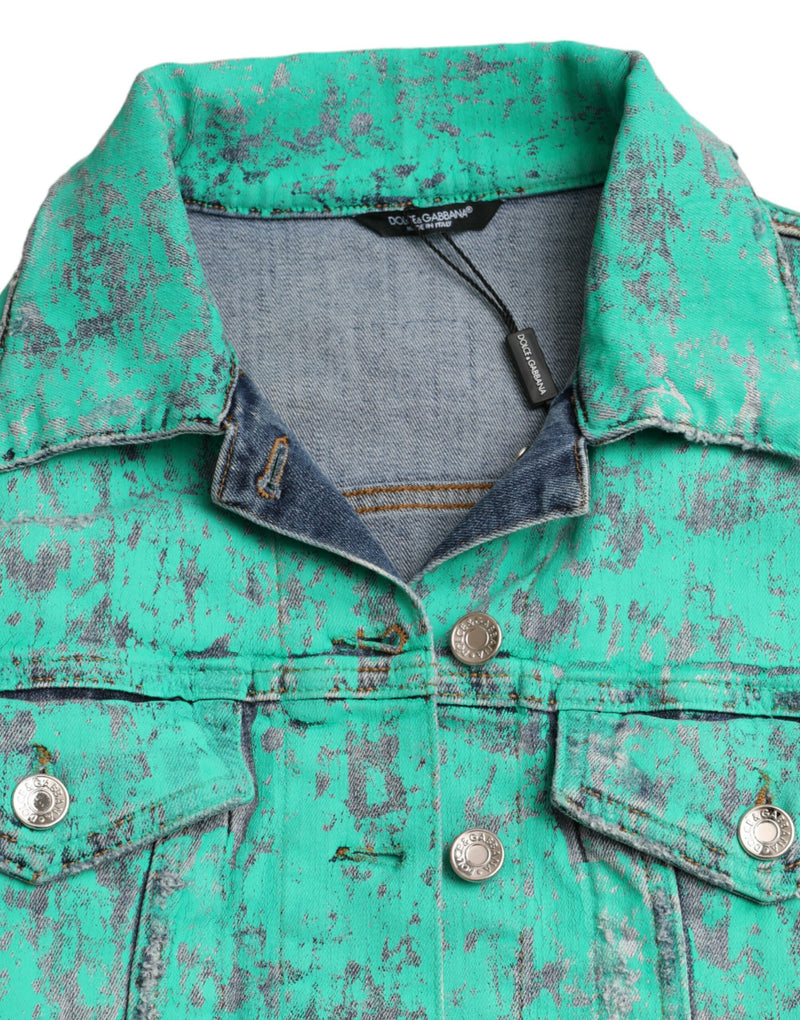 Green Cotton Tie Dye Cropped Cropped Denim Jacket Dolce & Gabbana