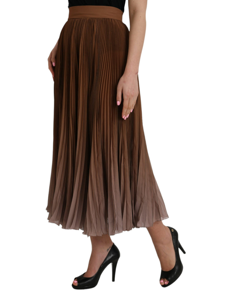 Brown Polyester Pleated High Waist Midi Skirt Dolce & Gabbana