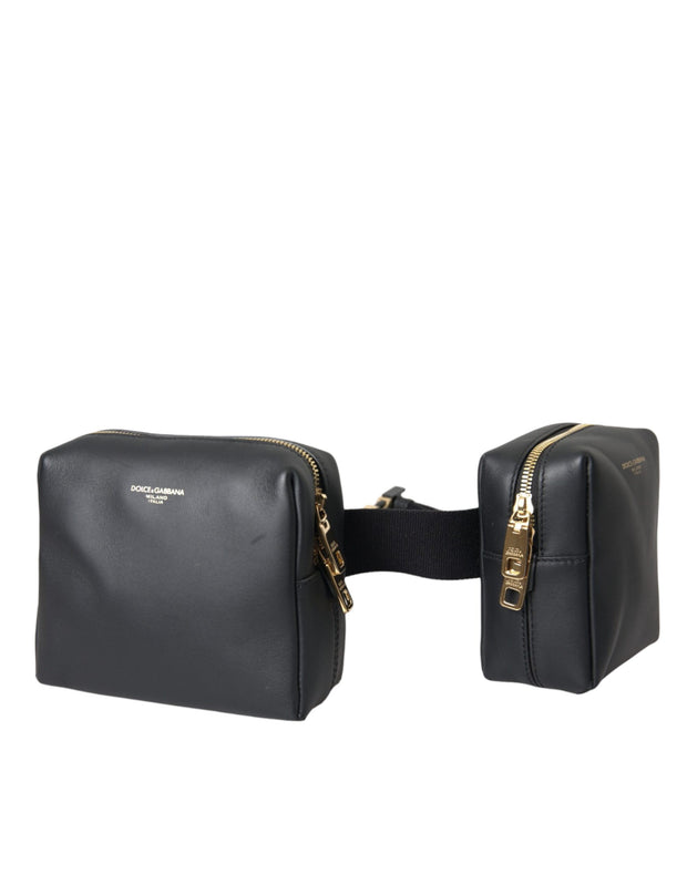 Black Calfskin Leather Double Waist Belt Fanny Pack Bag Dolce & Gabbana