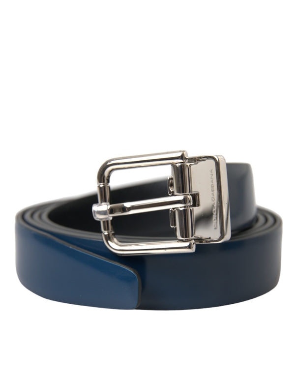 Blue Calf Leather Silver Metal Buckle Belt Men Dolce & Gabbana