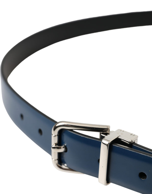 Blue Calf Leather Silver Metal Buckle Belt Men Dolce & Gabbana