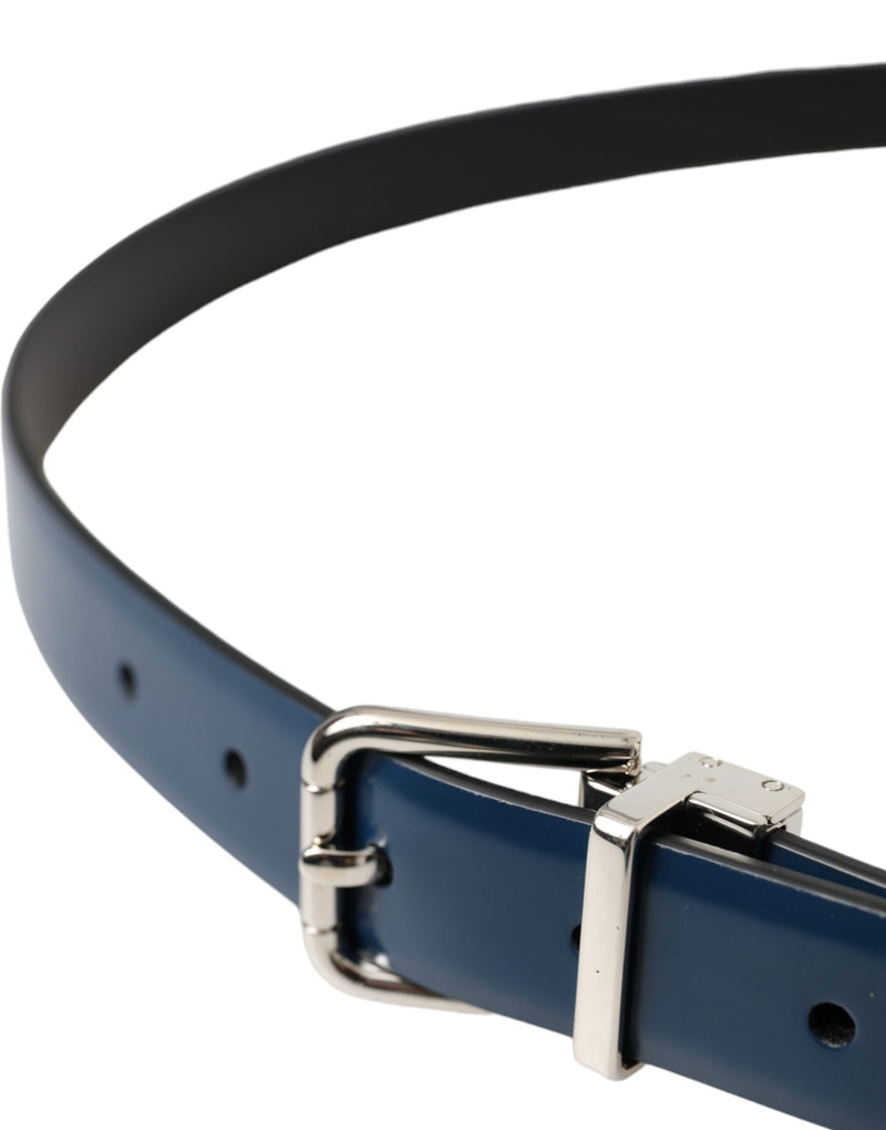 Blue Calf Leather Silver Metal Buckle Belt Men Dolce & Gabbana