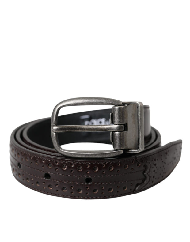 Dark Brown Perforated Leather Metal Buckle Belt Men Dolce & Gabbana