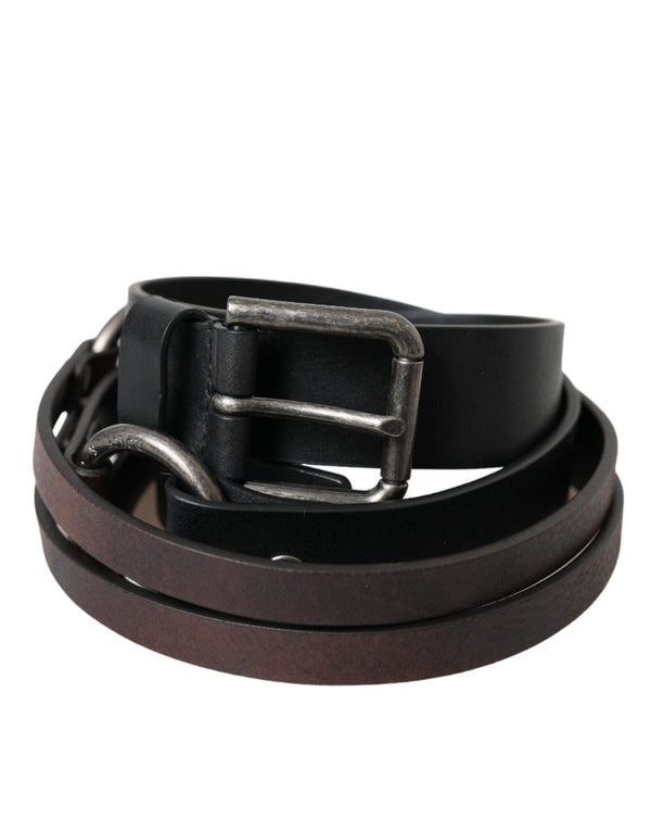 Black Brown Leather Silver Metal Buckle Belt Dolce & Gabbana