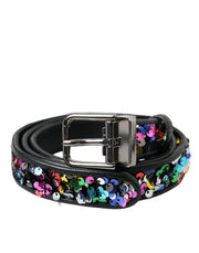 Black Sequined Silver Metal Buckle Women Belt Dolce & Gabbana