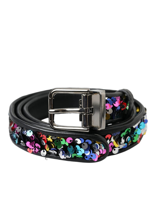 Black Sequined Silver Metal Buckle Women Belt Dolce & Gabbana