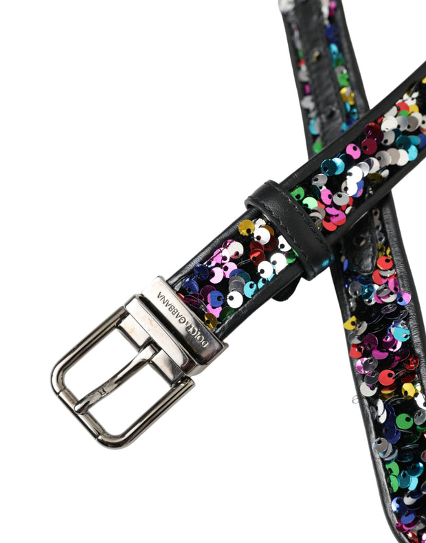 Black Sequined Silver Metal Buckle Women Belt Dolce & Gabbana