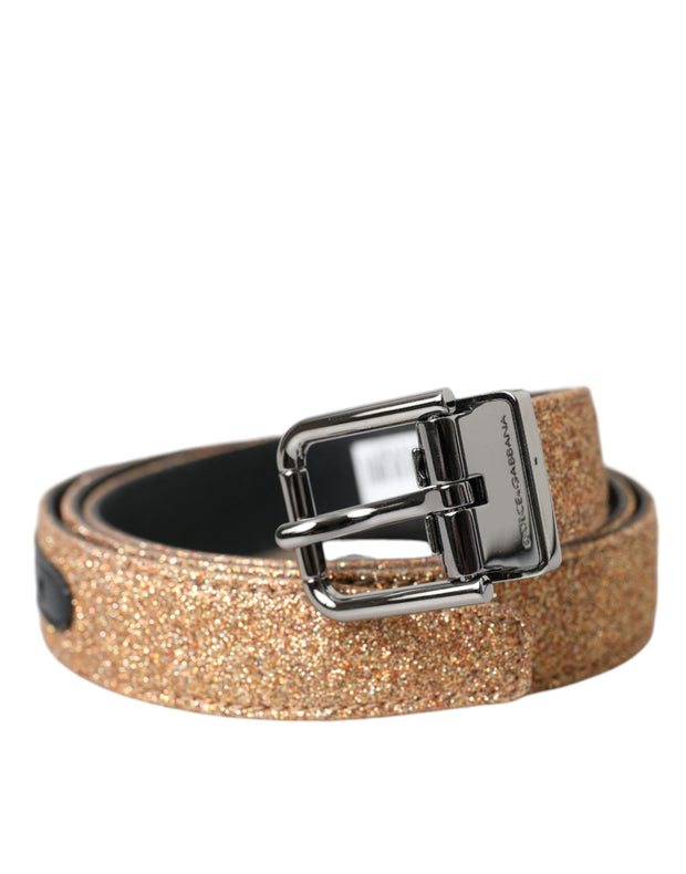 Gold Glitter Leather Silver Metal Buckle Belt Dolce & Gabbana