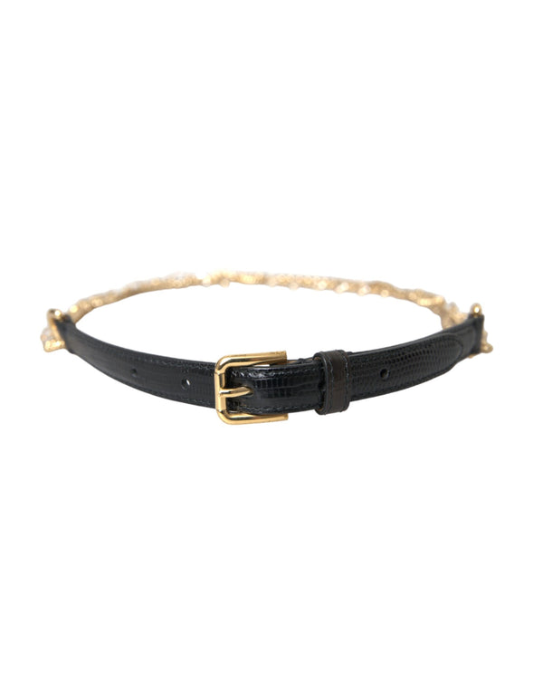 Black Leather Gold Chain Crystal Waist Women Belt Dolce & Gabbana