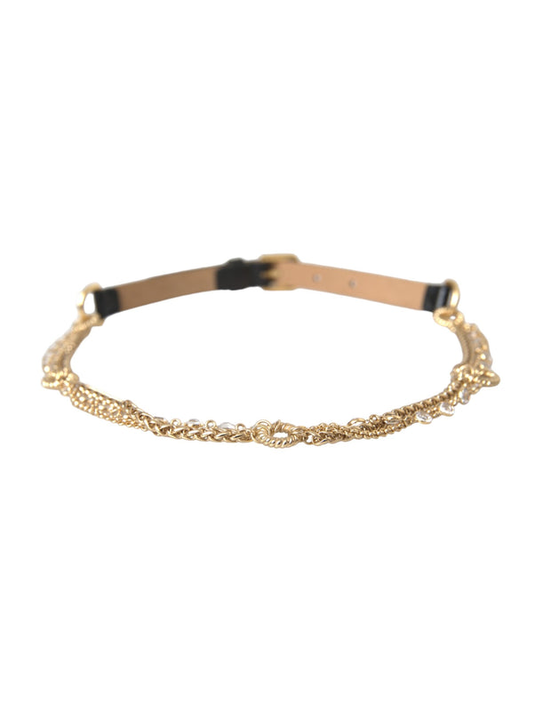 Black Leather Gold Chain Crystal Waist Women Belt Dolce & Gabbana