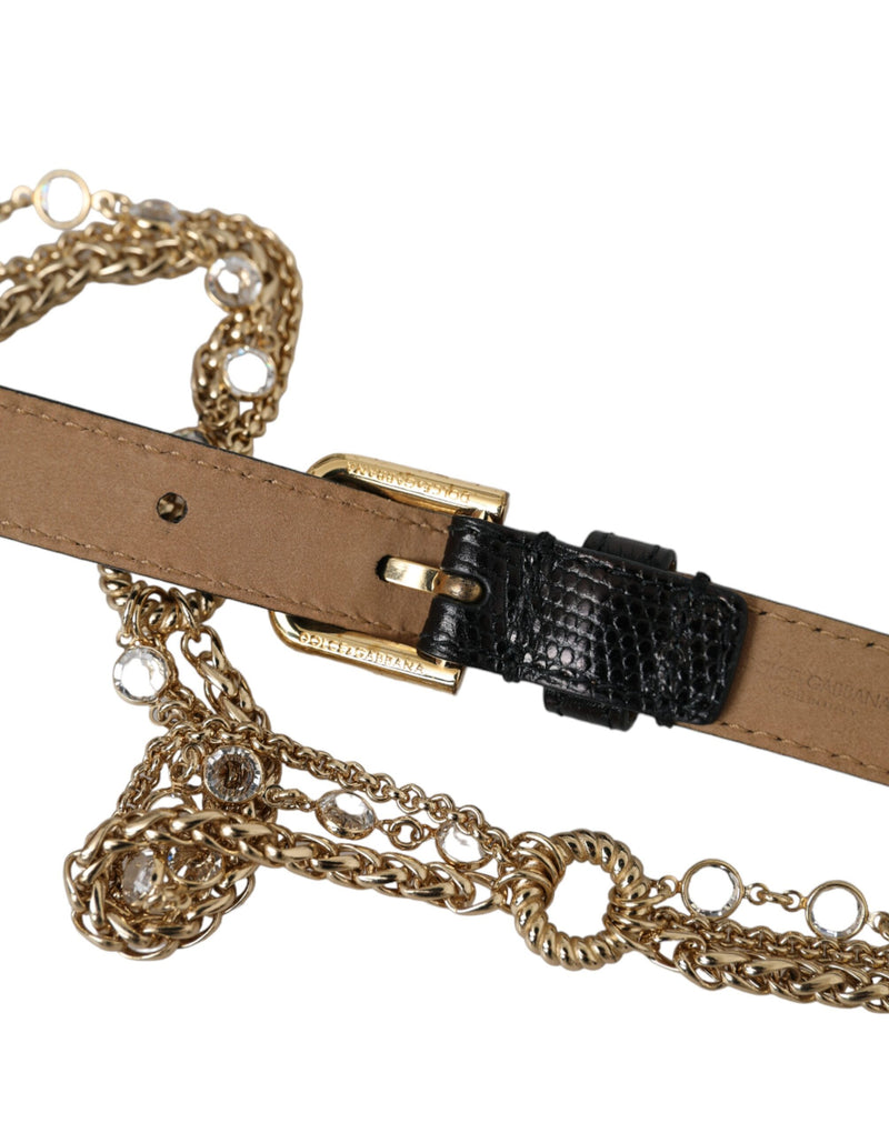 Black Leather Gold Chain Crystal Waist Women Belt Dolce & Gabbana