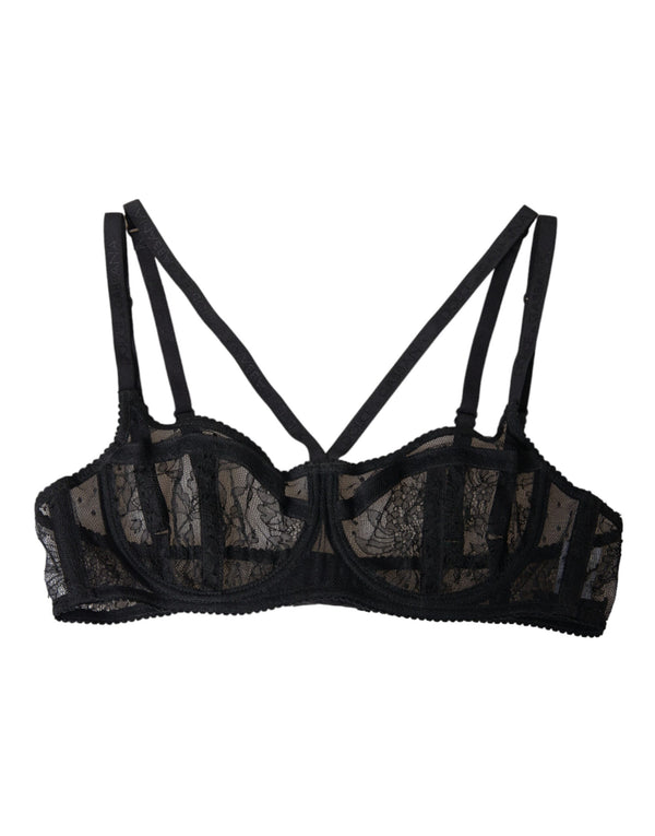 Black Floral Lace Nylon Balconcino Bra Underwear Dolce & Gabbana