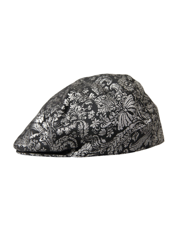 Black Silver Floral Jacquard Newsboy Hat Men Dolce & Gabbana