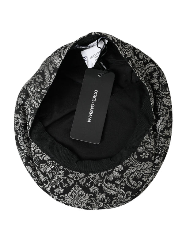 Black Silver Floral Jacquard Newsboy Hat Men Dolce & Gabbana