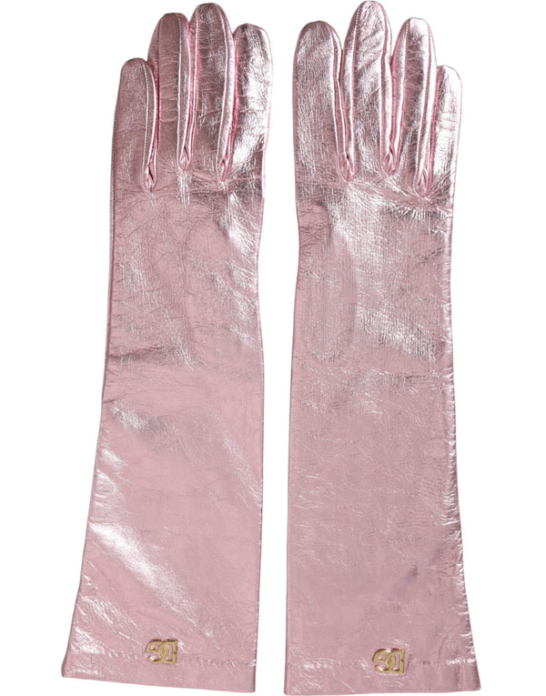 Pink Laminated Logo Mid Arm Length Gloves Dolce & Gabbana