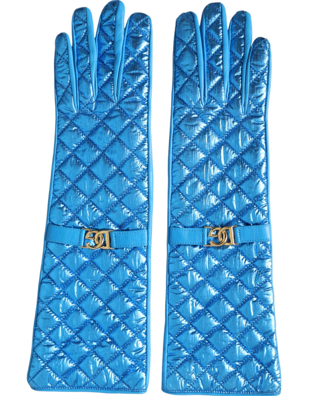 Blue Leather Quilted Mid Arm Length Gloves Dolce & Gabbana