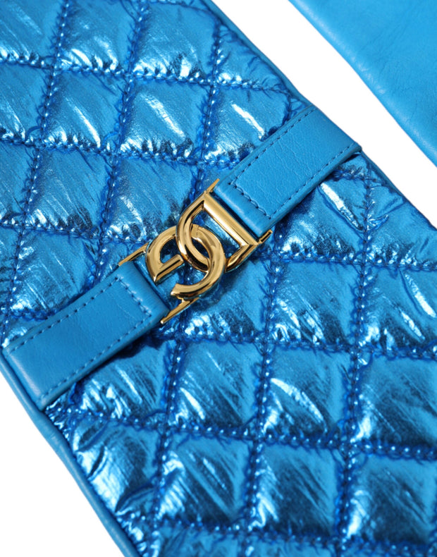 Blue Leather Quilted Mid Arm Length Gloves Dolce & Gabbana