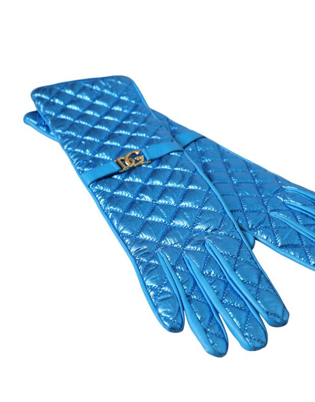 Blue Leather Quilted Mid Arm Length Gloves Dolce & Gabbana